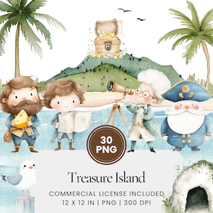 Treasure Island Clipart - 30 PNG - Digital Planner, Junk Journaling, Wall Art, Commercial Use, Sublimation, Scrapbooking, Cards, Mugs, Scene