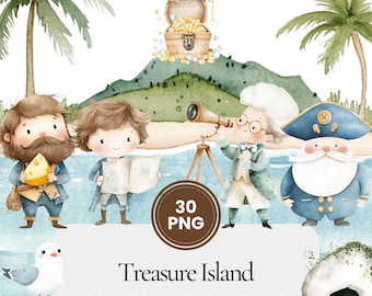 宝島のイラスト、水彩画PNGセット、海賊、船、宝の地図、熱帯の冒険