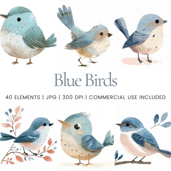 Blue Birds Clipart - 40 High Quality JPG - Digital Planner, Junk Journaling, Watercolor, Commercial Use, Digital Download, Mugs, Apparel