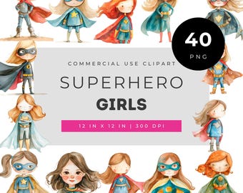 Pacote de clipart de super-heroínas, lindas heroínas em aquarela com capas e máscaras coloridas para convites de aniversário, artesanato e decoração de sala de aula.