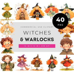 Cute witches and warlocks clipart set, magical kids in costumes pack for crafts, fantasy witch children art for parties, decor & printables