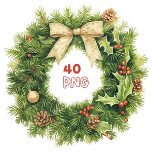 Clipart couronne de Noël - 40 PNG de haute qualité - Planificateur numérique, Junk Journaling, Sublimation, Utilisation commerciale, tasses, cartes, étiquettes cadeaux
