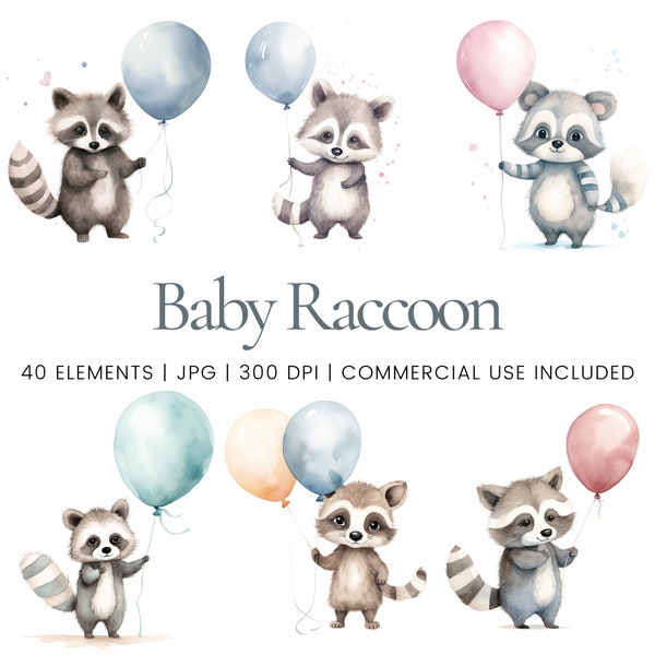 Baby Raccoon Clipart - 40 High Quality JPGs - Digital Planner, Junk Journaling, Watercolor, Commercial Use, Digital Download, Mugs, Nursery