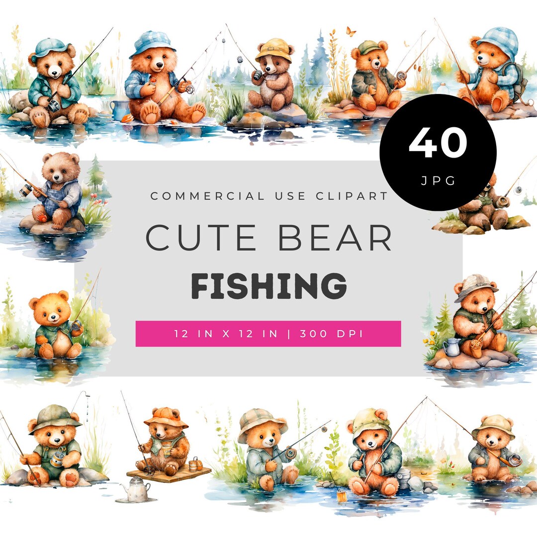 Cute Bear Fishing Clipart Collection, Watercolor Teddy Bears by the ...
