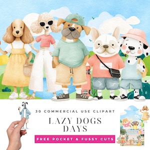 Lazy Dog Days Clipart Bundle, Watercolor Summer Dog PNG, Cute Puppy Beach Clipart, Dog Breed Lifestyle Designs, Pet Lover Digital Download