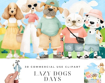 Lazy Dog Days Clipart Bundle, Watercolor Summer Dog PNG, Cute Puppy Beach Clipart, Dog Breed Lifestyle Designs, Pet Lover Digital Download