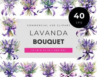 Ensemble de clipart aquarelle de bouquets de lavande avec des compositions florales violettes nouées de rubans, idéal pour les invitations, le scrapbooking et les projets de bricolage.