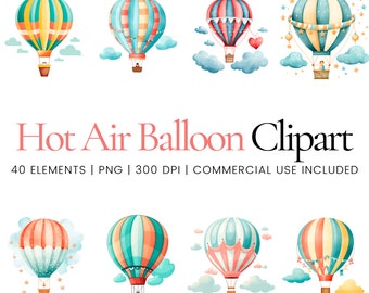 Hot Air Balloons Clipart - 40 High Quality PNGs - Digital Planner, Junk Journaling, Watercolor, Commercial Use, Digital Download