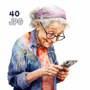 Oma's mobiele telefoon clipart-40 hoge kwaliteit JPG-digitale planner, junk journaling, aquarel, kunst aan de muur, commercieel gebruik, digitale download
