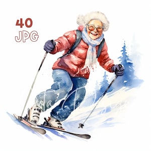 Oma Skifahren Clipart - 40 hochwertige JPGs - Digitaler Planer, Junk Journaling, Aquarell, Wandkunst, kommerzielle Nutzung, digitaler Download