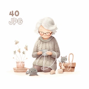 Clipart de tricô da vovó - 40 JPGs de alta qualidade - planejador digital, registro de lixo eletrônico, minimalista, arte de parede, uso comercial, download digital