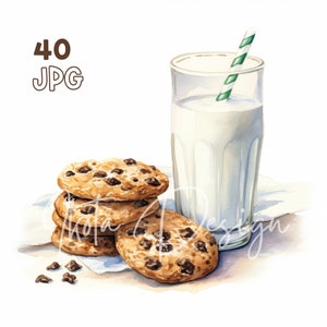 Milch & Kekse Clipart - 40 hochwertige JPG - Digitaler Planer, Junk Journaling, Aquarell, kommerzielle Nutzung, digitaler Download, Tassen, Bekleidung