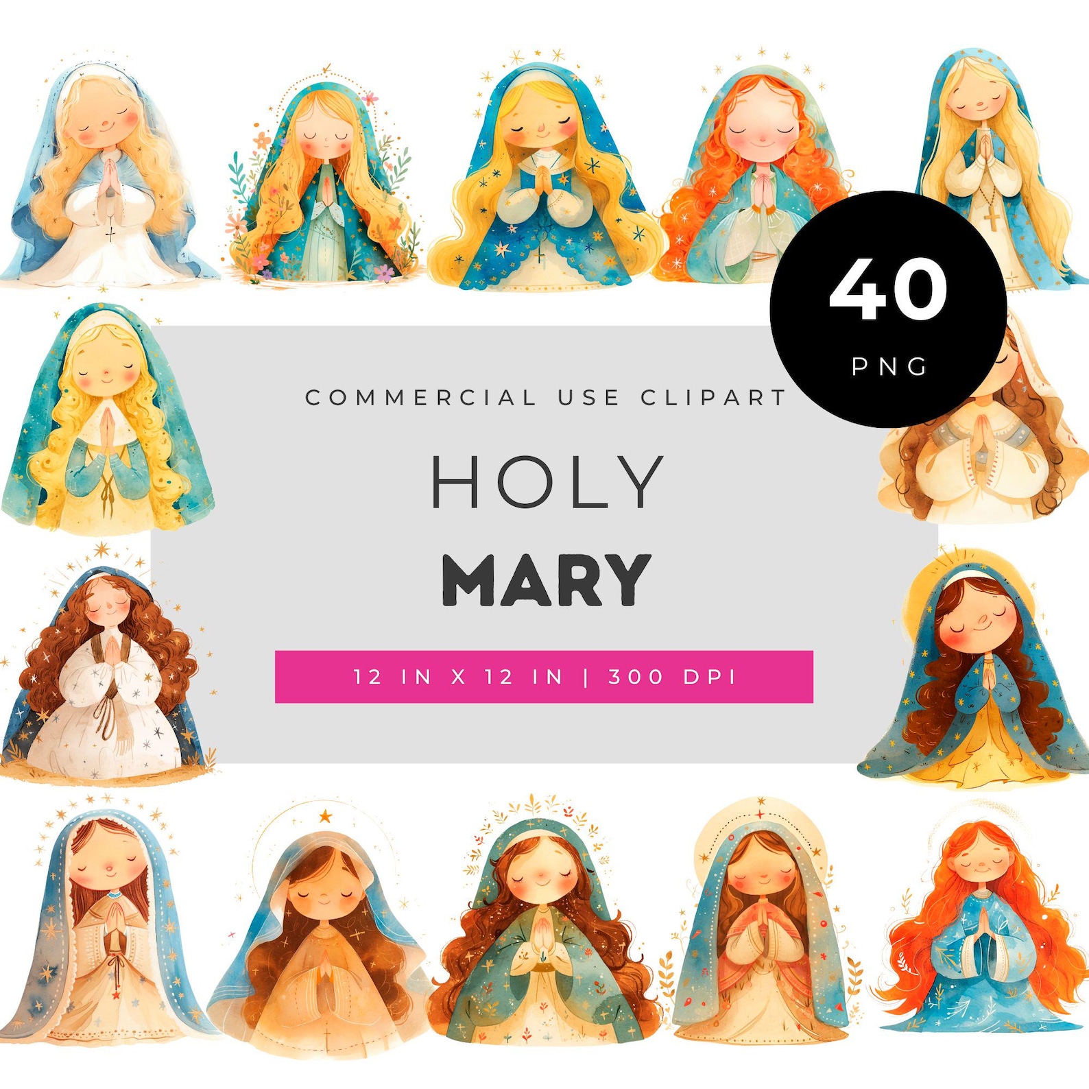 Holy Mary Clipart Bundle PNG, Catholic Marian Art Set, Praying Virgin ...