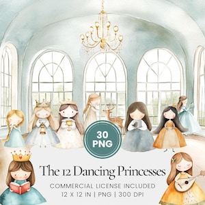12 Princesses Dansantes - 30 PNG - Agenda numérique, journal intime, décoration murale, usage commercial, sublimation, scrapbooking, cartes, scènes, mugs
