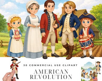 Ensemble d'images clipart PNG sur la Révolution américaine, illustrations des patriotes de l'indépendance de l'époque coloniale, graphismes sur l'histoire de la guerre de 1776 pour les activités manuelles et la décoration des enfants