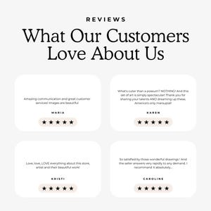 May include: A customer review graphic featuring the heading REVIEWS What Our Customers Love About Us. Four white rectangular boxes contain text testimonials from Maria, Karen, Kristi, and Caroline, each accompanied by five black star icons.