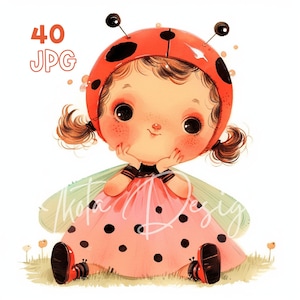 Ladybug Girl Clipart - 40 JPG di alta qualità - Pianificatore digitale, Junk Journaling, Acquerello, Arte della parete, Uso commerciale, Download digitale