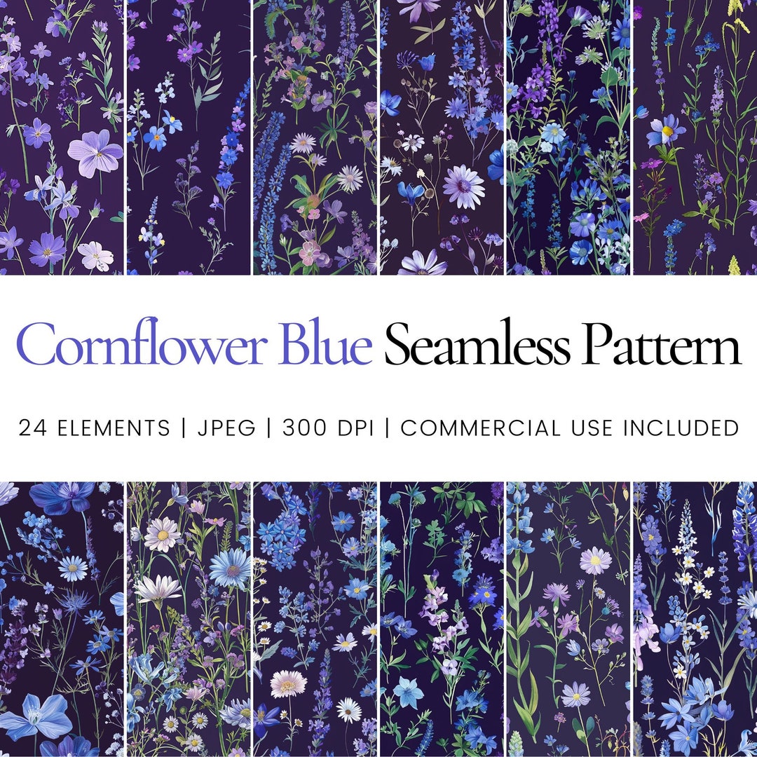 Cornflower Blue Digital Papers, Pastel Flowers Seamless Repeat Pattern ...
