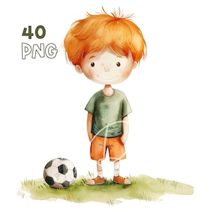 Soccer Boys Clipart - 40 PNG di alta qualità - Pianificatore digitale, Junk Journaling, Acquerello, Arte della parete, Uso commerciale, Download digitale, Tazze