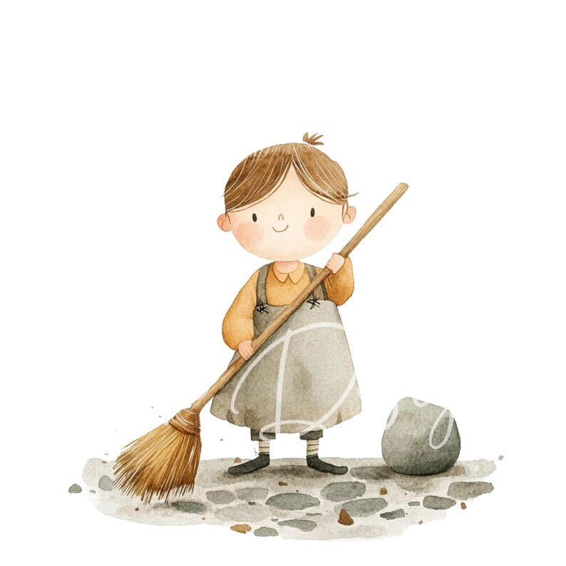 May include: A watercolor illustration of a child with brown hair wearing a yellow and gray dress holding a broom and sweeping a cobblestone path.
