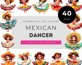 Mexikanische Tänzerin Clipart-Set: Folklorico-Mädchen (PNG-Bundle), traditionelle Kleidung, Fiesta-Tanzillustrationen, farbenfrohe lateinamerikanische Kunst für Bastelprojekte