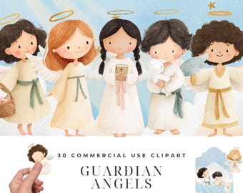 Little Guardian Angels Clipart Bundle, Watercolor Angel PNG, Baptism Christening Clipart, Faith Memorial Sympathy Nursery Download