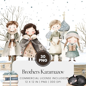 Ensemble d'images clipart des Frères Karamazov, illustrations aquarelles de littérature classique, ensemble PNG de personnages de romans russes, kit de conception de décoration de livre