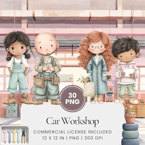 Puede incluir: Ilustración en acuarela con cuatro personajes de dibujos animados en un taller de automóviles. La imagen incluye un mecánico, una persona sosteniendo una tableta y otros dos personajes. El texto "Car Workshop" se muestra debajo.