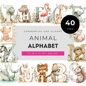 Animal Alphabet Clipart Set, Nursery ABC Animal Letters PNG Bundle, Woodland Baby Shower Decor, Printable Nursery Art Commercial Use