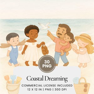 Kustdromende aquarel clipart PNG, strandmeisje in witte jurk, oceaanschelp drijfhout zandkunst, minimalistische kustafbeeldingen