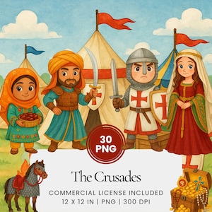 Puede incluir: Ilustración en acuarela con personajes de dibujos animados con atuendos medievales, incluyendo caballeros, una mujer y figuras con turbantes. La imagen incluye tiendas de campaña, banderas y un caballo. El texto "The Crusades" se muestra debajo de los personajes.