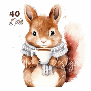冬リスとマグカップのクリップアート - 40 枚の高品質 JPG - デジタル プランナー、ジャンク ジャーナリング、水彩、商用利用、デジタル ダウンロード、マグカップ