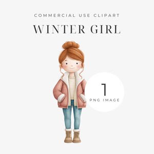 May include: Watercolor illustration of a girl in winter attire. She wears a pink coat with a white fur-like trim, a cream sweater, blue jeans, and brown boots. The image includes the text "WINTER GIRL" and "COMMERCIAL USE CLIPART".