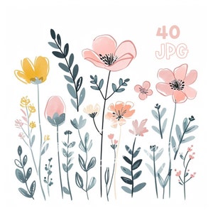 Sketch Flowers Clipart - 40 High Quality JPG - Digital Planner, Junk Journaling, Watercolor, Wall Art, Commercial Use, Digital Download