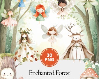 Enchanted forest fairy clipart woodland magic png bundle cute elves deer sprite art mystical creatures watercolor kids fantasy pack