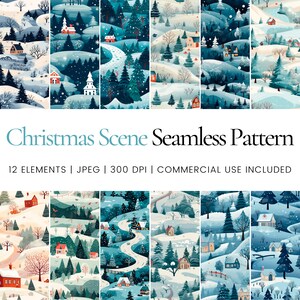 Puede incluir: Ilustraciones de paisajes invernales con temática navideña. Las imágenes presentan escenas nevadas con casas, árboles y caminos sinuosos. El texto dice "Christmas Scene Seamless Pattern" con detalles sobre los elementos, el tipo de archivo, la resolución y el uso comercial.