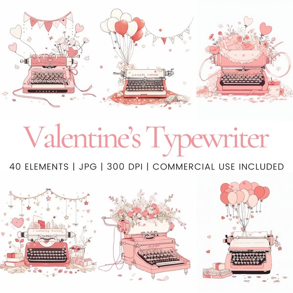 Valentine's Typewriter Clipart - 40 High Quality JPGs - Digital Planner, Junk Journaling, Wall Art, Commercial Use, Digital Download, Mugs