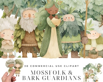 Mossfolk Bark Guardians Clipart Bundle, Watercolor Woodland Fairy PNG, Forest Spirit Fantasy Clipart, Moss Fairy Nursery Download