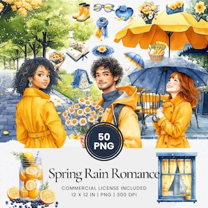Clipart romantique de pluie printanière - 50 PNG - Agenda numérique, journal intime, usage commercial, sublimation, scrapbooking, cartes, autocollants, scène, mug