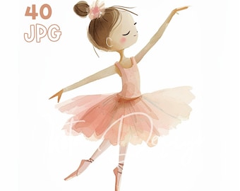 Ballerina watercolor clipart bundle, pink ballet dancer illustrations for girls birthday invites, recital party decor, nursery wall art