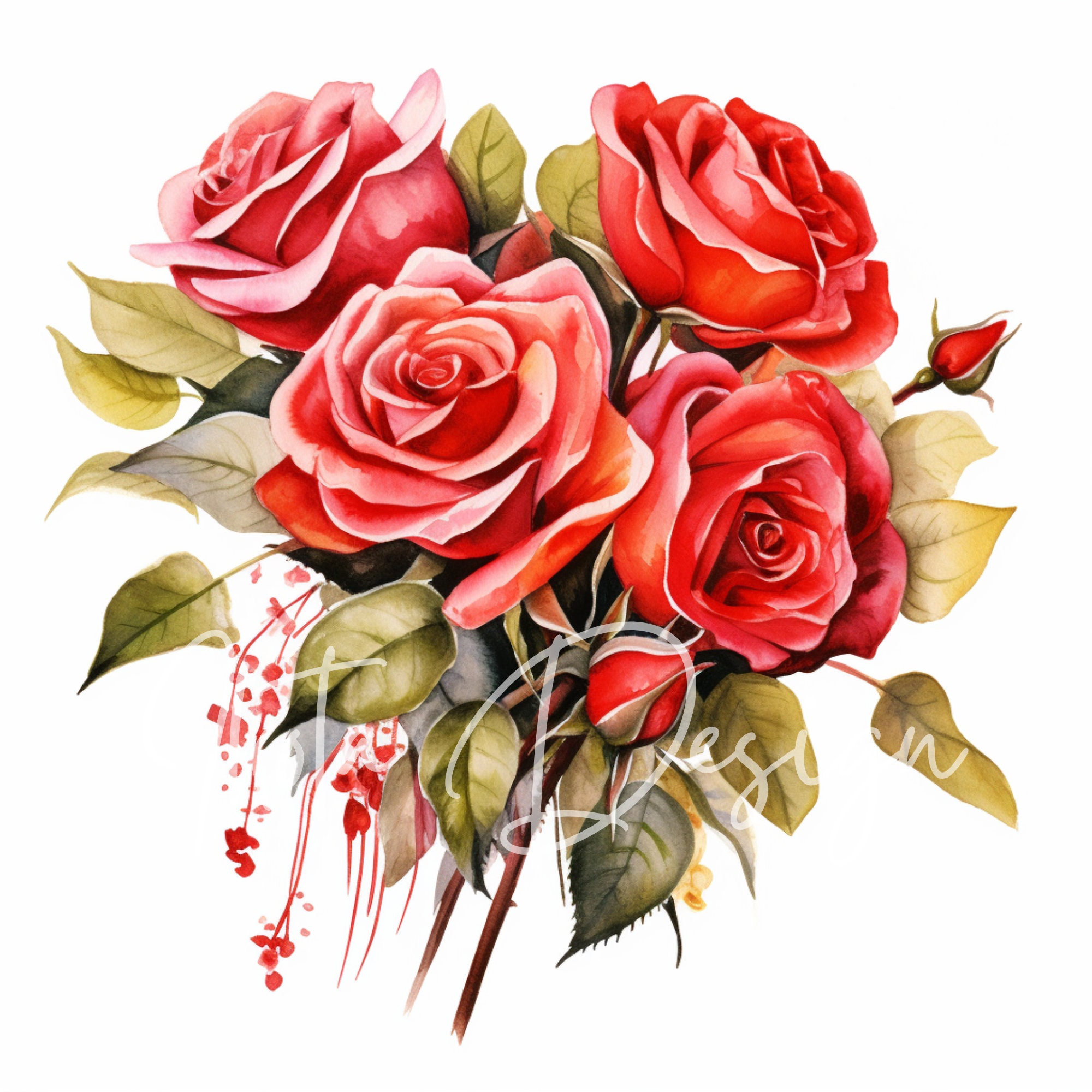 Red Roses Bouquet Clipart - 40 High Quality Jpgs - Digital Planner ...