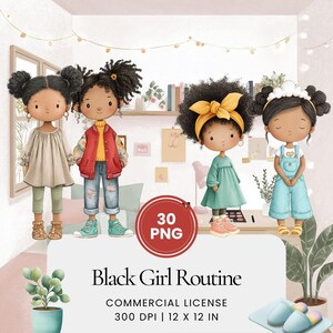 Puede incluir: Ilustración de cuatro chicas de dibujos animados con diferentes atuendos. La imagen incluye el texto "Black Girl Routine" y "30 PNG". Las chicas están en un entorno de habitación con elementos decorativos.