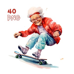 Nonna Skateboarding Clipart - 40 PNG di alta qualità - Pianificatore digitale, Junk Journaling, Acquerello, Tazze, Uso commerciale, Download digitale