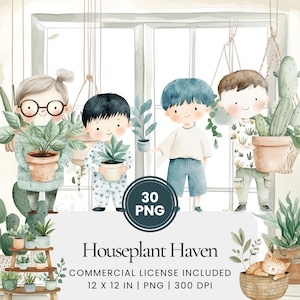 Puede incluir: Ilustración en acuarela con cuatro niños de dibujos animados sosteniendo plantas en macetas, con un gato en una cesta. La imagen incluye el texto "Houseplant Haven" y "30 PNG". La imagen mide 30,48 x 30,48 cm.