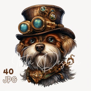 Steampunk Dog Clipart - 40 High Quality JPG - Digital Planner, Junk Journaling, Watercolor, Wall Art, Commercial Use, Digital Download, Mugs