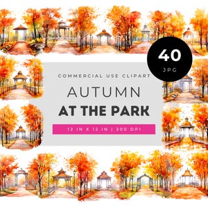 Autumn at the Park Watercolor Clipart Set, Fall Park Paths Gazebos and Trees Illustrations for Planners Invitations Scrapbooks Decor JPG