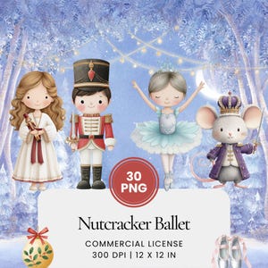 Puede incluir: Ilustración digital con cuatro personajes del ballet Cascanueces: una niña con un cascanueces, un soldado, una bailarina y un rey ratón. Los personajes están ambientados en un fondo de bosque invernal con el texto "Nutcracker Ballet".