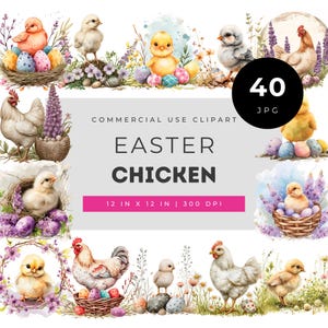 Set di clipart ad acquerello con pulcini pasquali, graziosi pulcini primaverili, galline, uova, nidi floreali per inviti, decorazioni, scrapbooking, artigianato, arte contadina pastello