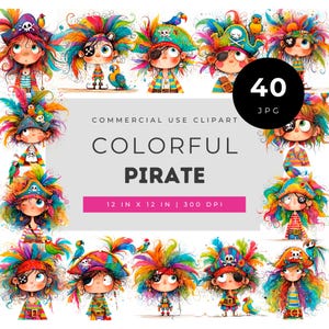 Rainbow Pirate Clipart, Colorful Kids Pirate JPG, Cute Parrot Feather Illustrations, Birthday Party Nursery Wall Decor, Commercial Use