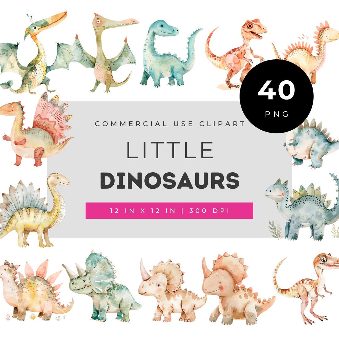 Cute Dinosaur Clipart PNG Bundle, Little Dino Watercolor Illustrations ...